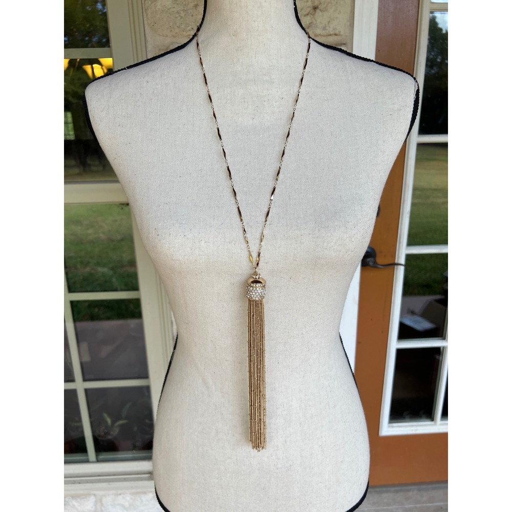 Lydell NYC Gold Tone Crystal Encrusted Long Tassel Pendant Necklace NWT